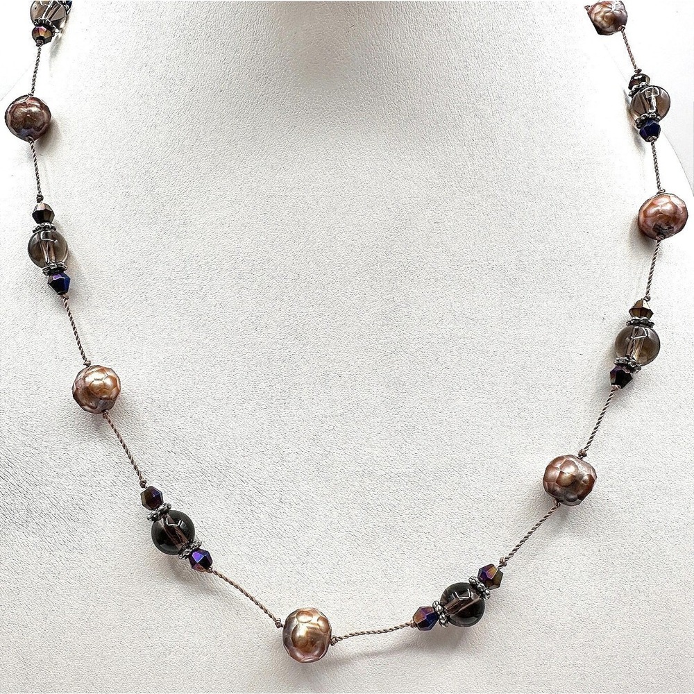 Vintage 80s Iridescent Copper Faux Pearl Smoky Faceted Bead Necklace Retro 16in